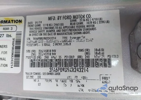 2019 Ford Fusion Hybrid Titanium z USA, uszkodzony, nr VIN 3FA6P0RU9KR243214